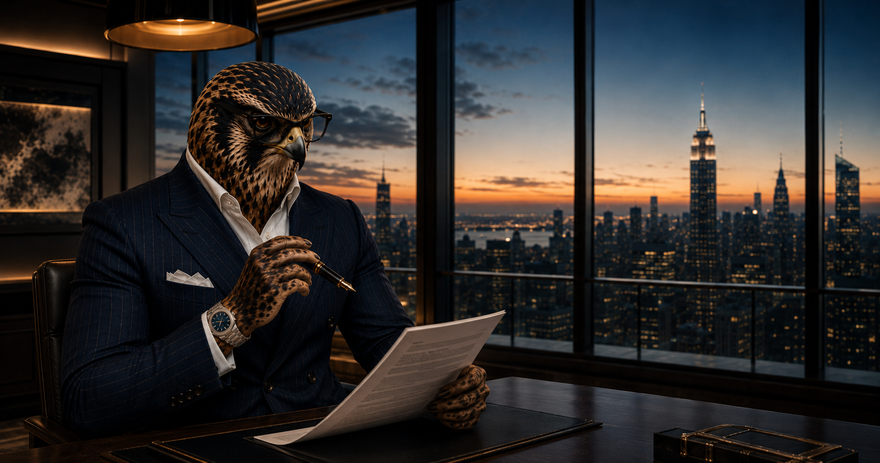 Kestrel Equity analyst reviewing a deal at dusk, New York City skyline