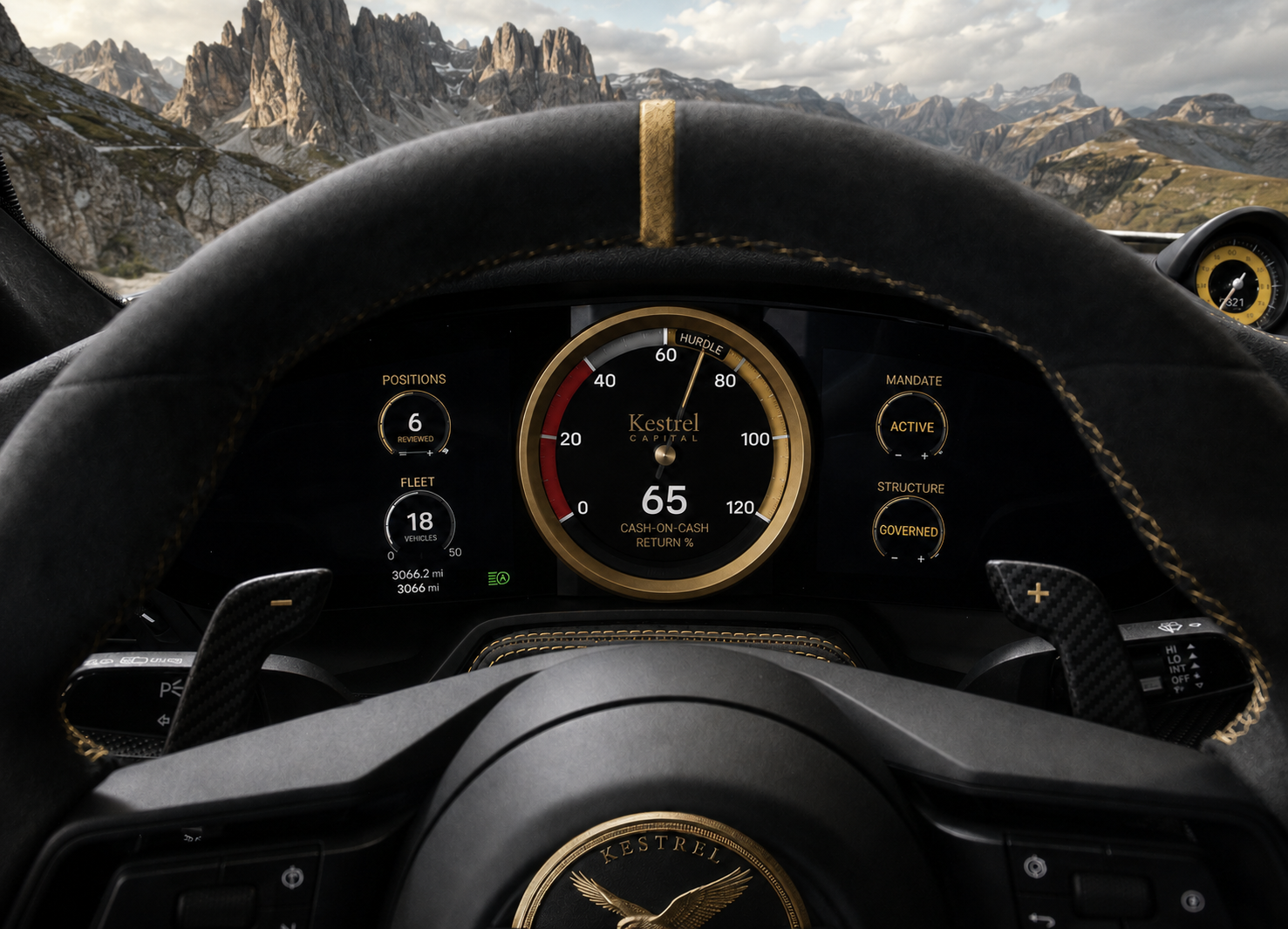 Kestrel Capital digital instrument cluster — GT3 RS cockpit with brass bezels and Kestrel Capital medallion, showing fleet transaction metrics